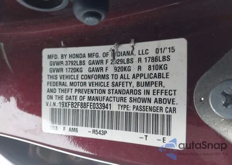 2015 Honda Civic Ex из США, поврежденный, VIN 19XFB2F88FE033941